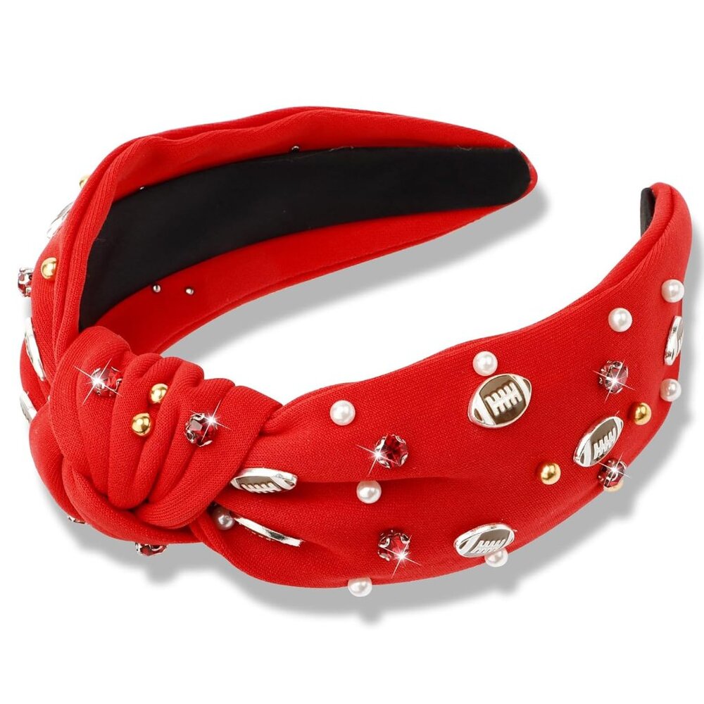 Football Headband - Wide Knotted Baseball Headband for Women - Crystal & Pearl -